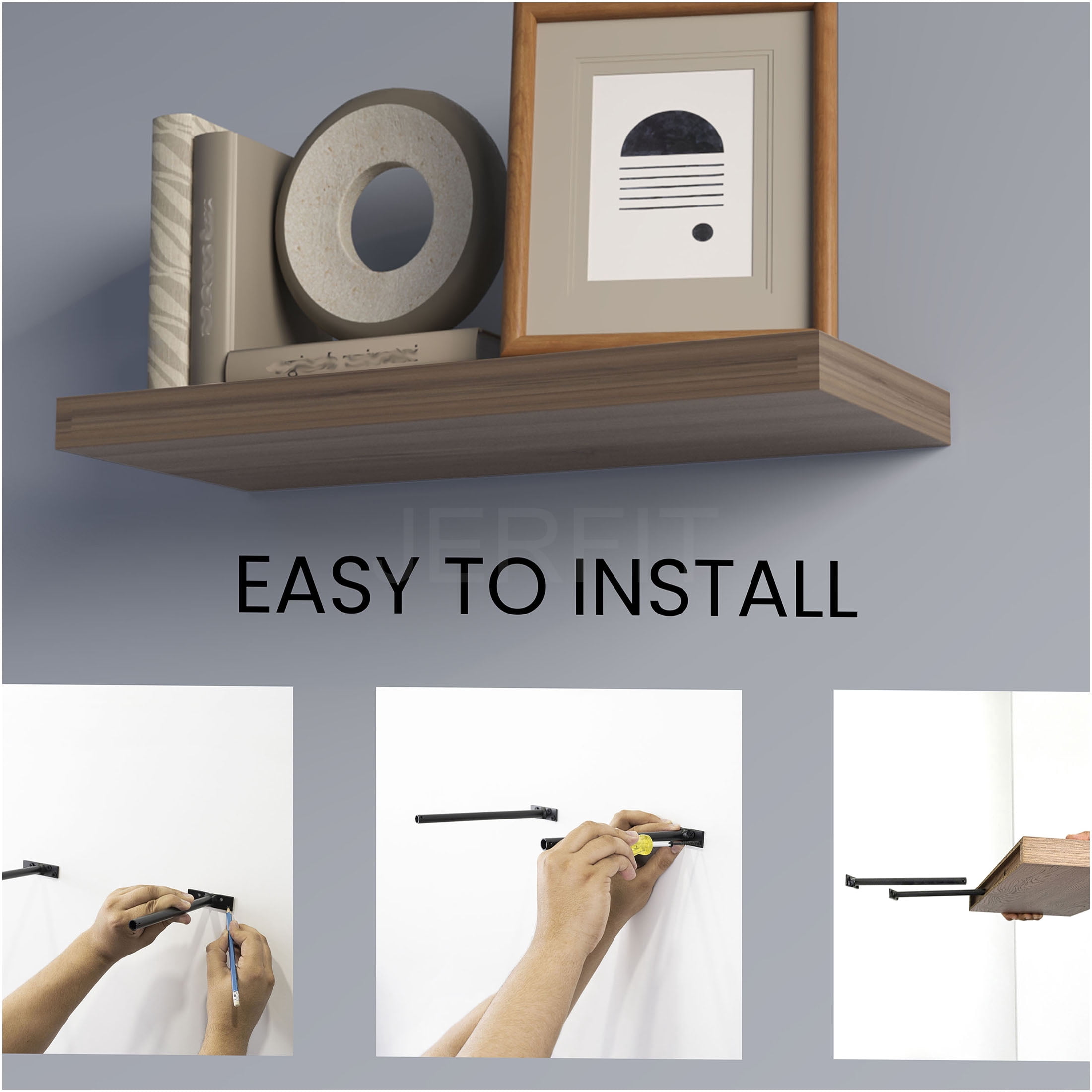 JERFIT Floating Shelves Set of 2, 32-Inch Wall Mounted Shelves for Modern Home, Invisible Floating Shelf with Large Display Space, Walnut Melamine Finish