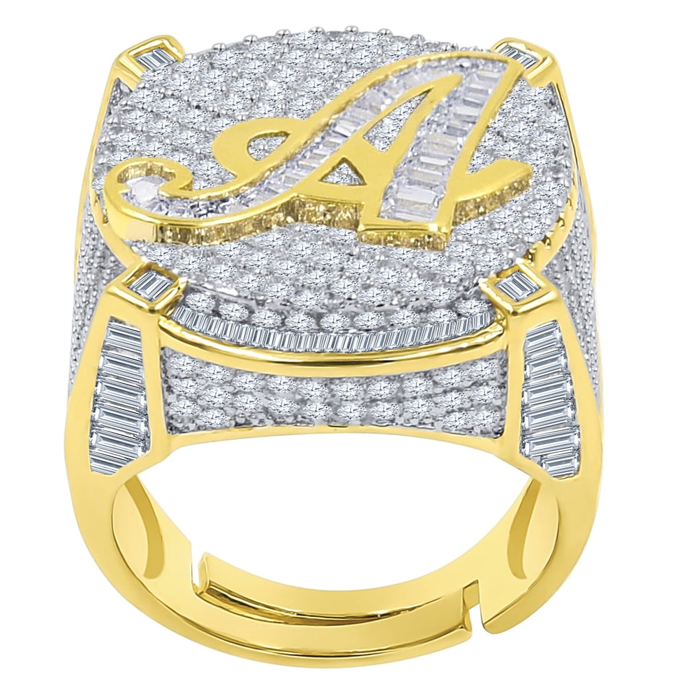 Mens Gold Tone Baguette/Round Cut Simulated Diamond Initial Letters Alphabet "A" Ring Band