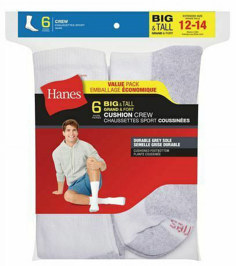 Hanes Big & Tall Men's 6-Pack Cushion Crew Socks (Size: 12