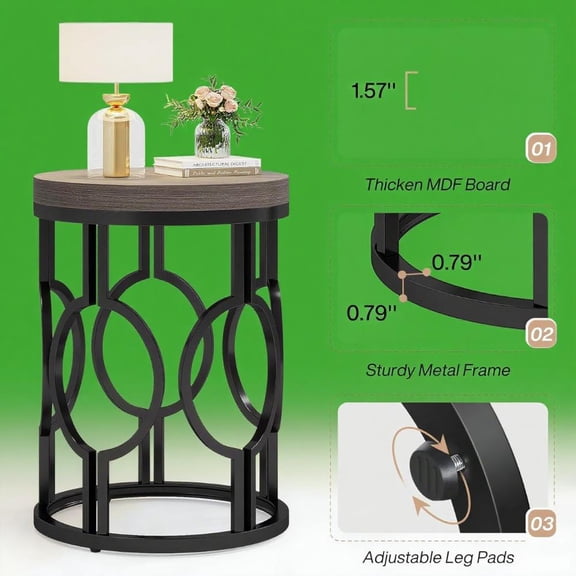 Modern Industrial Round Coffee Table | Wood Veneer & Black Metal Frame | Rich Brown & Black | Living Room, Bedroom | 120 lb Capacity