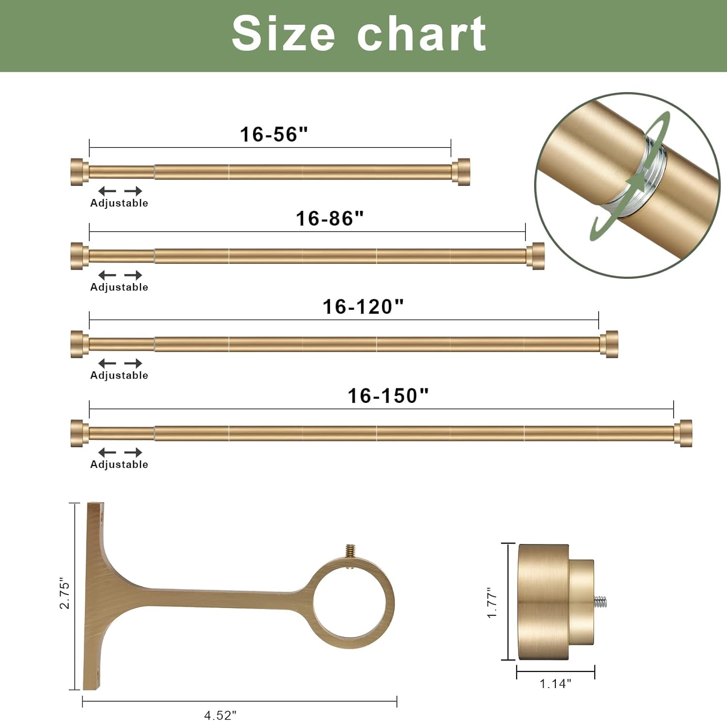 16-150 Inch Curtain rods, 1 Inch Diameter Splicing and Telescoping Structure Window Treatment Rods Set Adjustable Drapery Rods Heavy Duty Pole, Warm Gold