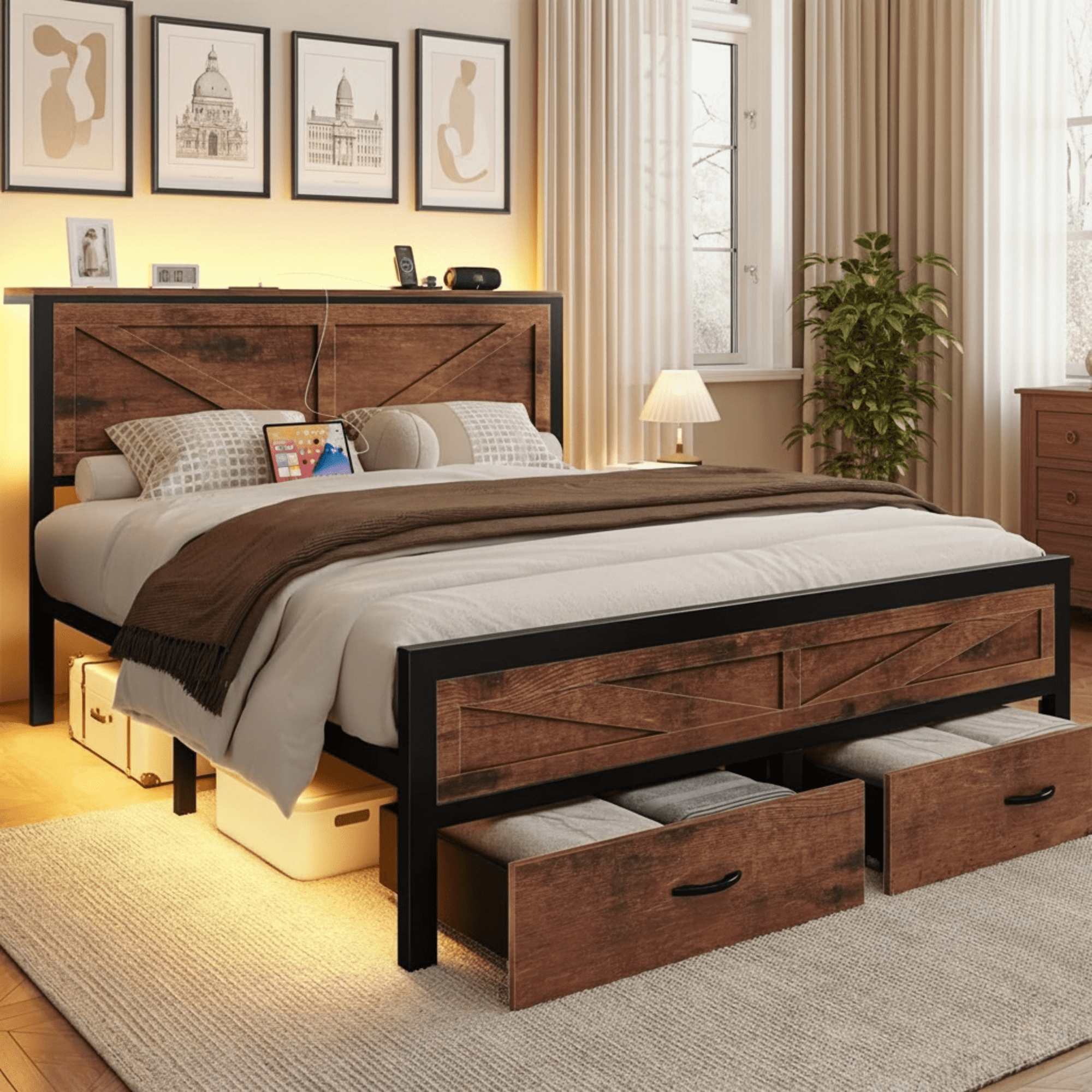 Queen Size Bed Frame with Storage Drawers & Barn Door Headboard, Industrial Farmhouse Platform Bed with LED Lights & Charging Station, No Box Spring Needed (Brown)