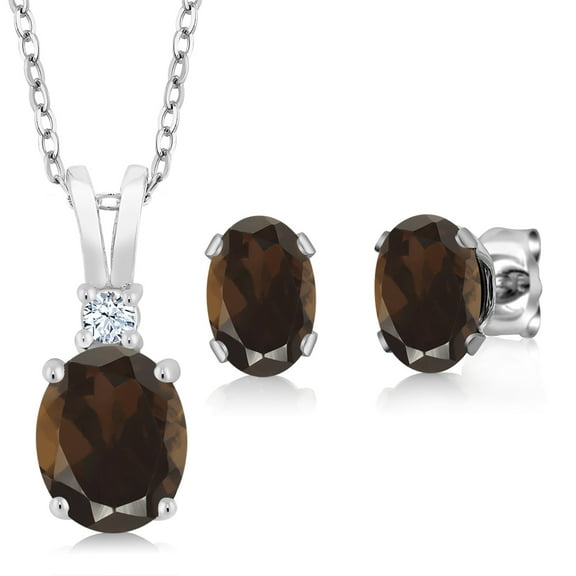 Gem Stone King 925 Sterling Silver Brown Smoky Quartz Pendant and Earrings Jewelry Set for Women (2.75 Cttw, Oval 8X6MM, with 18 inch Chain)