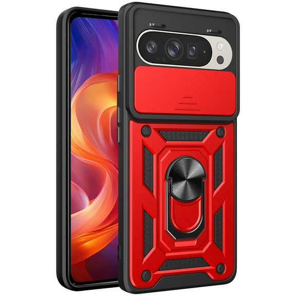 CSmall for Google Pixel 9 Pro Case with Slide Camera Lens Cover, Military Grade Shockproof Protection Cover with Rotate Ring Kickstand Case for Google Pixel 9 /9 Pro SJ Red