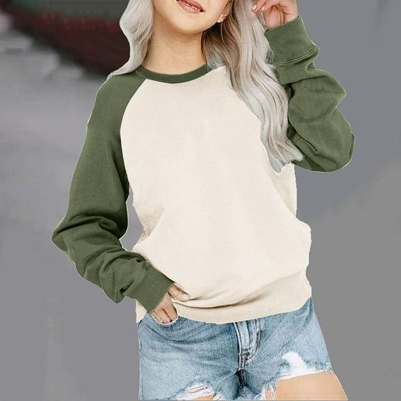 Lilgiuy Little Girl Patchwork Sweatshirt Casual Solid Color Crewneck Long Sleeve Pullover Shirts Top