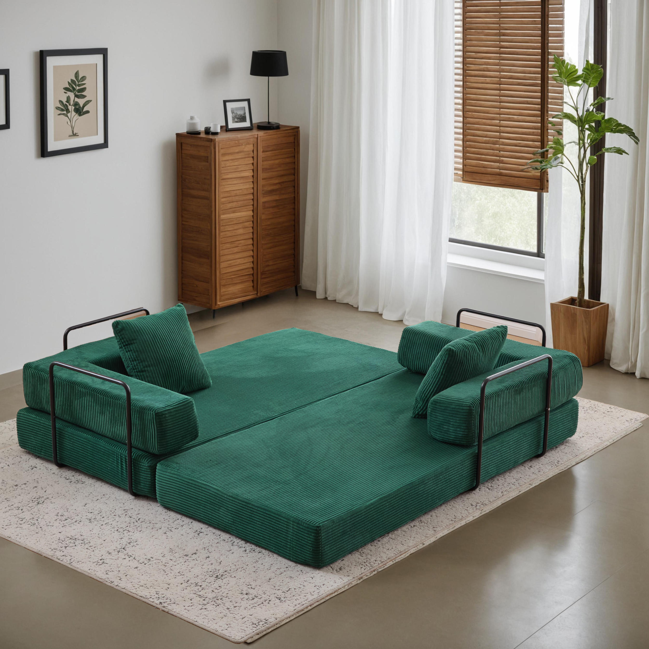 Convertible Couch Sofa Bed Foldable Floor Sleeper | Modern Fold Out Couch | Removable Backrest & Armrests | No Assembly Compression Sofa Sleeper for Living Room, Bedroom | Corduroy Fabric Green