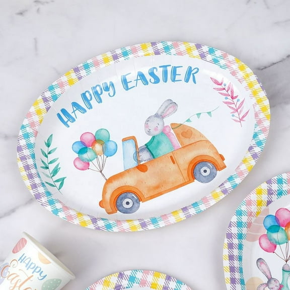 25 Pack Big Easter Plates,12 inch Happy Easter Bunny Oval Disposable Paper Dinner Dessert Plates Tableware Party Supplies