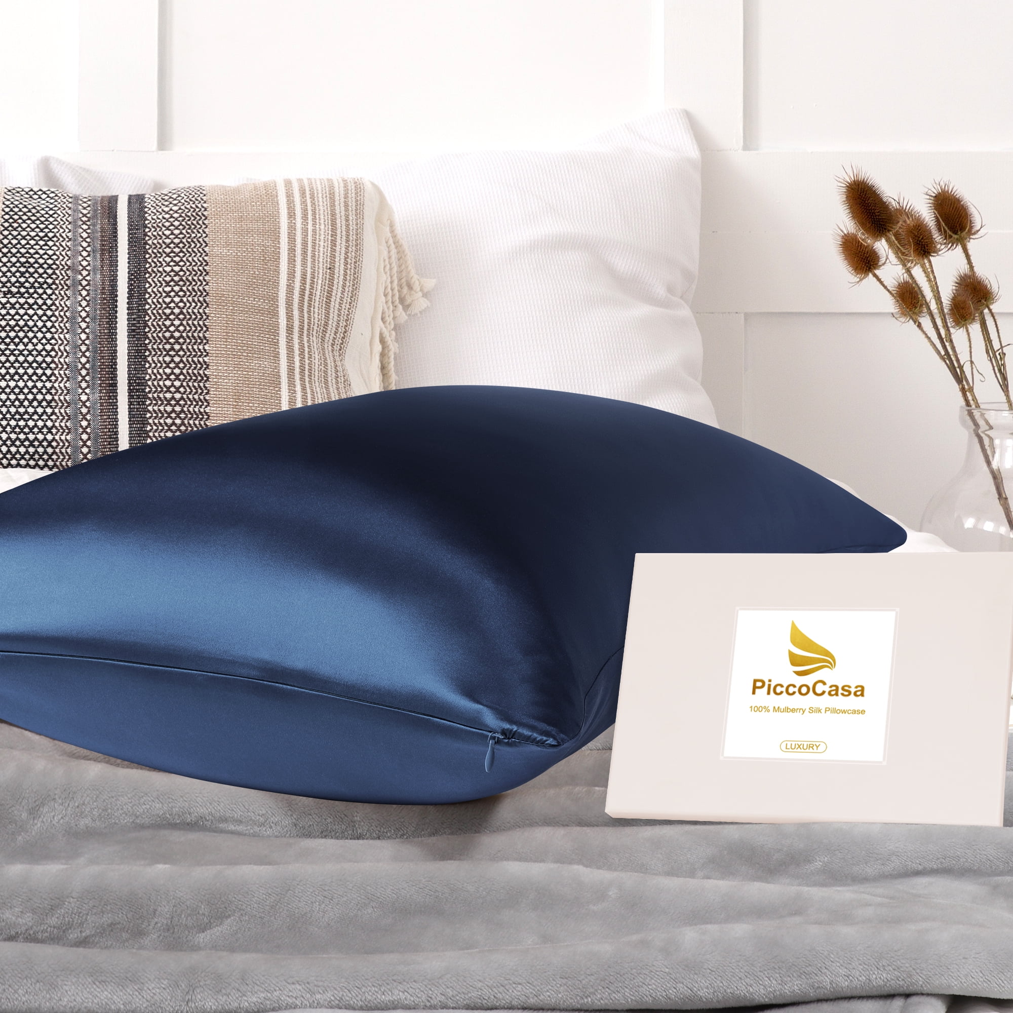 PiccoCasa 1 Pack 19mm Silk Pillowcase for Hair and Skin with Zipper Standard Navy Blue
