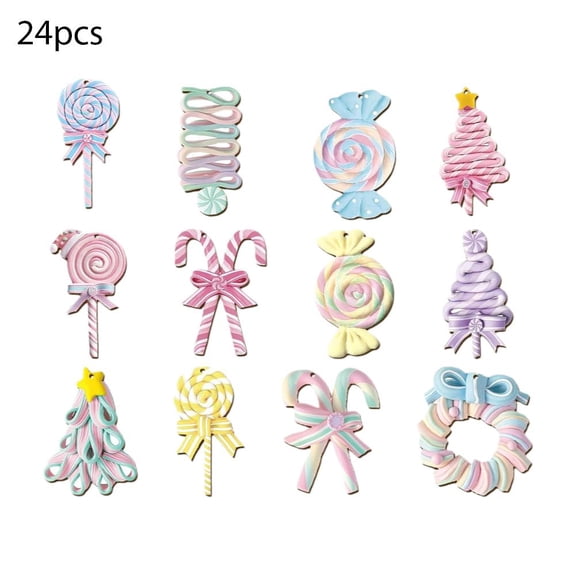 Candy Christmas Ornaments, 24pcs Wooden Pastel Christmas Tree Pendants, Pink Holiday Decorations