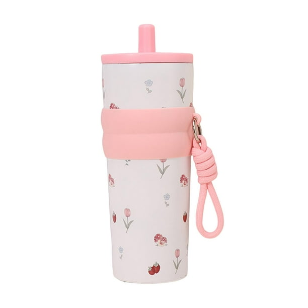 Botella de agua aislada, botella para beber, fácil de llevar, reutilizable, portátil. Blanco y rosa