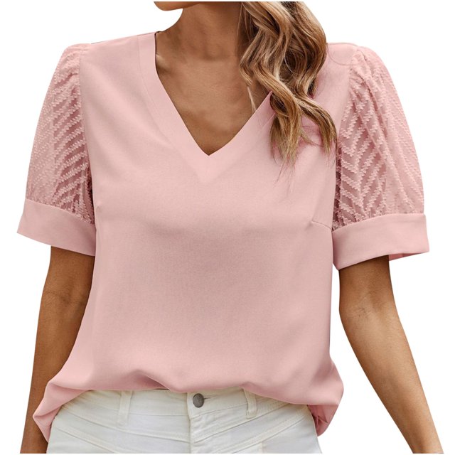Top de manga corta de hilo de red de color liso con cuello en V para mujer primavera verano OAVQHLG3B Store lin121212