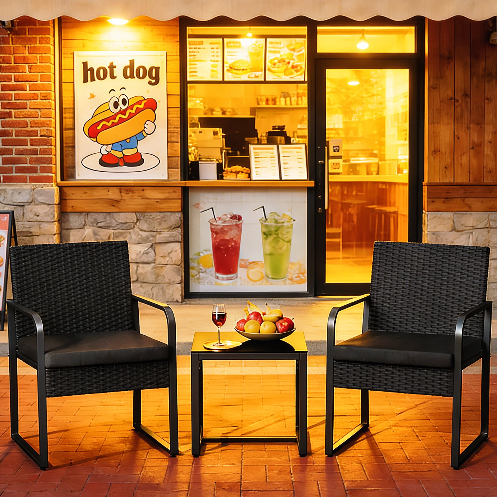Lofka 3-Piece Patio Furniture Set, All-Weather Restaurant Outdoor Seating with Tempered Glass Table, Heavy Duty Wicker Bistro Set for Cafe, Bar