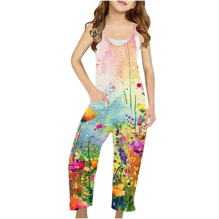 

Geire Summer Clearance Jumpsuits for Girls Cute Printed Sleeveless Spaghetti Strap Rompers Long Pants with Pockets Casual Versatile One-piece Pants