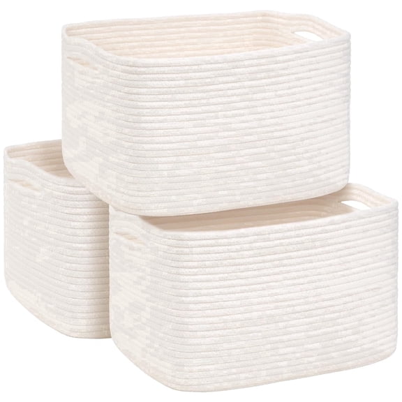 Natubeau 3 Pack Cotton Rope Woven Storage Baskets for Shelves, Foldable Organizer Bins for Toys Towels Books, White Nursery Storage Basket Shelf Organizer