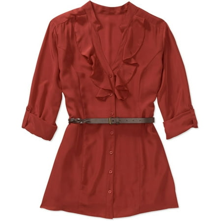 Women's Plus-Size Ruffled Woven Shirt with Skinny Belt