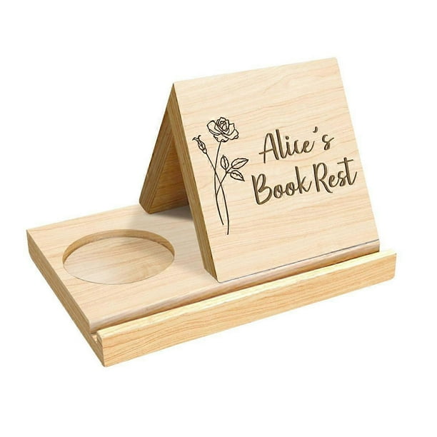Personalized Wooden Triangle Book Stand with Coffee Cup Mug Holder,Custom Birth Flower Book Page Holder,Without Words