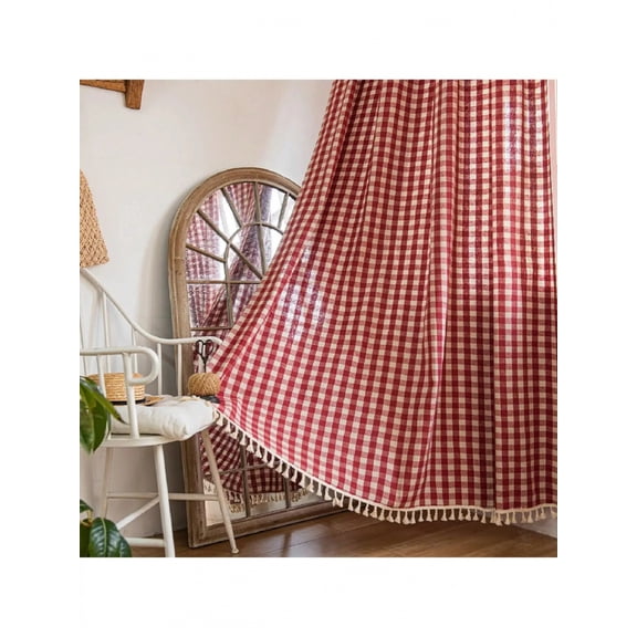 1pc Linen Curtain Red Plaid Cotton Curtains with Tassel  for Bedrooms, Living Rooms and Balconies