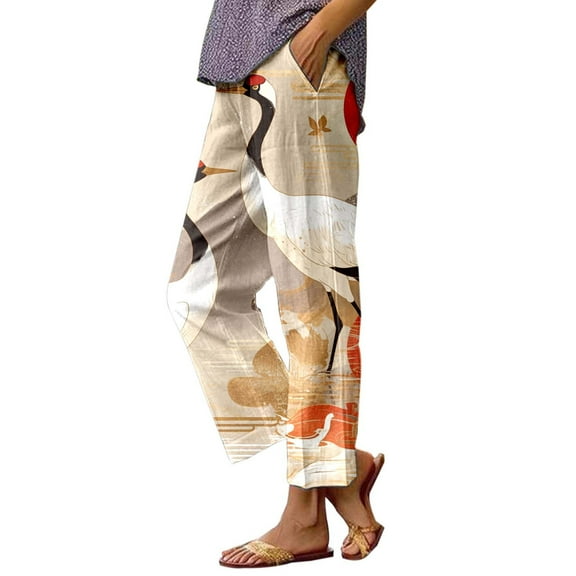 Fiaer,Womens Oversized Baggy Trousers,High Waist Stretch Printed Lounge Pants for Women,Women's Casual Trendy Straight Leg Slacks with Pockets Khaki S