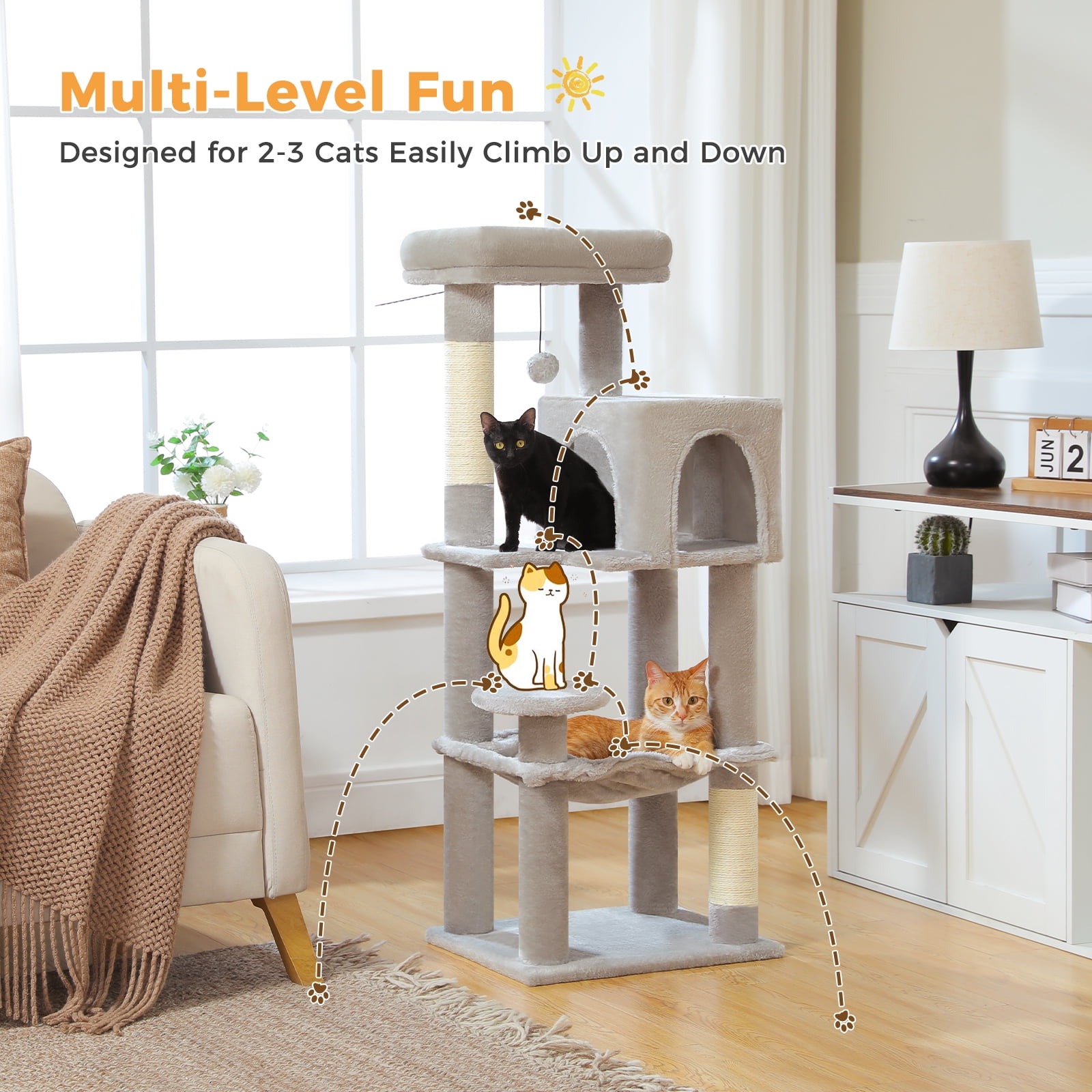 Pefilos 44" Cat Tree Tower for Indoor Cats, 5-Level Cat Condo with Large Hammock, Big Top Perch and 4 Sisal Covered Scratching Pos, Gray