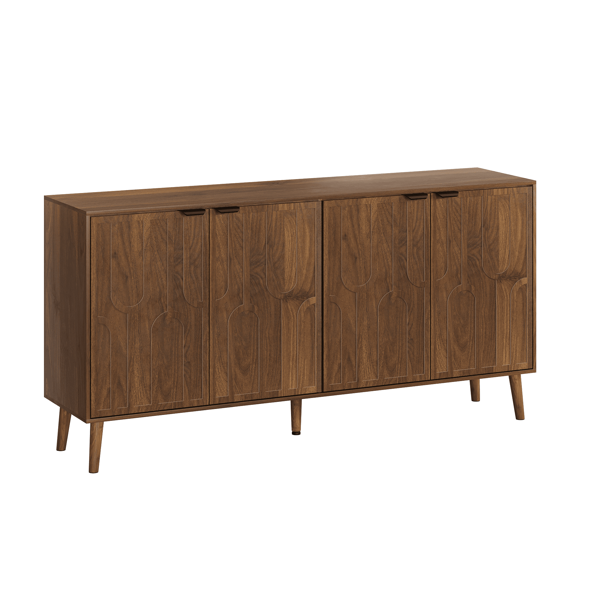 GARITIN Sideboard and Serving Cabinet 55 Inch, Mid Century Modern Storage Cabinet with 4 Doors and Metal Handles for Dining Room, Walnut