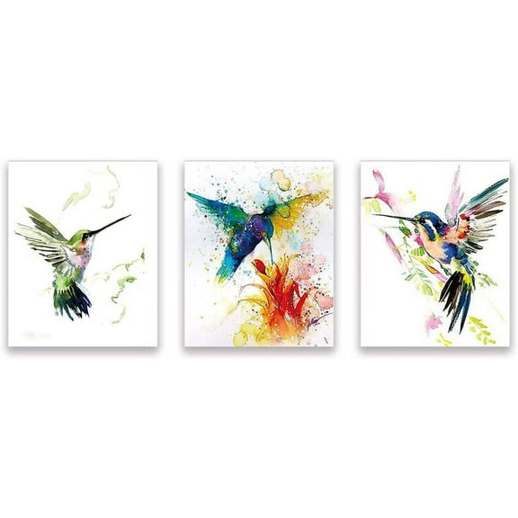 Watercolor bird Wall Art print, 8x10 inch Set of three Unframed Art Print，Stunning Watercolor Style Hummingbirds Decor for Kitchen Bedroom Office Bathroom Home decor