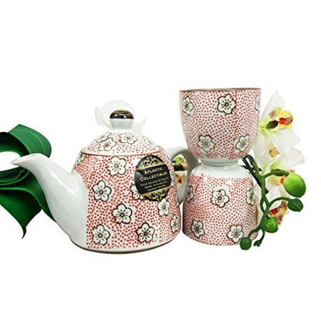 Japanese Teacup Set - Atlantic Collectibles Japanese Cherry Blossom 14oz Ceramic Tea Pot and Cups Set Serves 2 People (Red Polkadots)