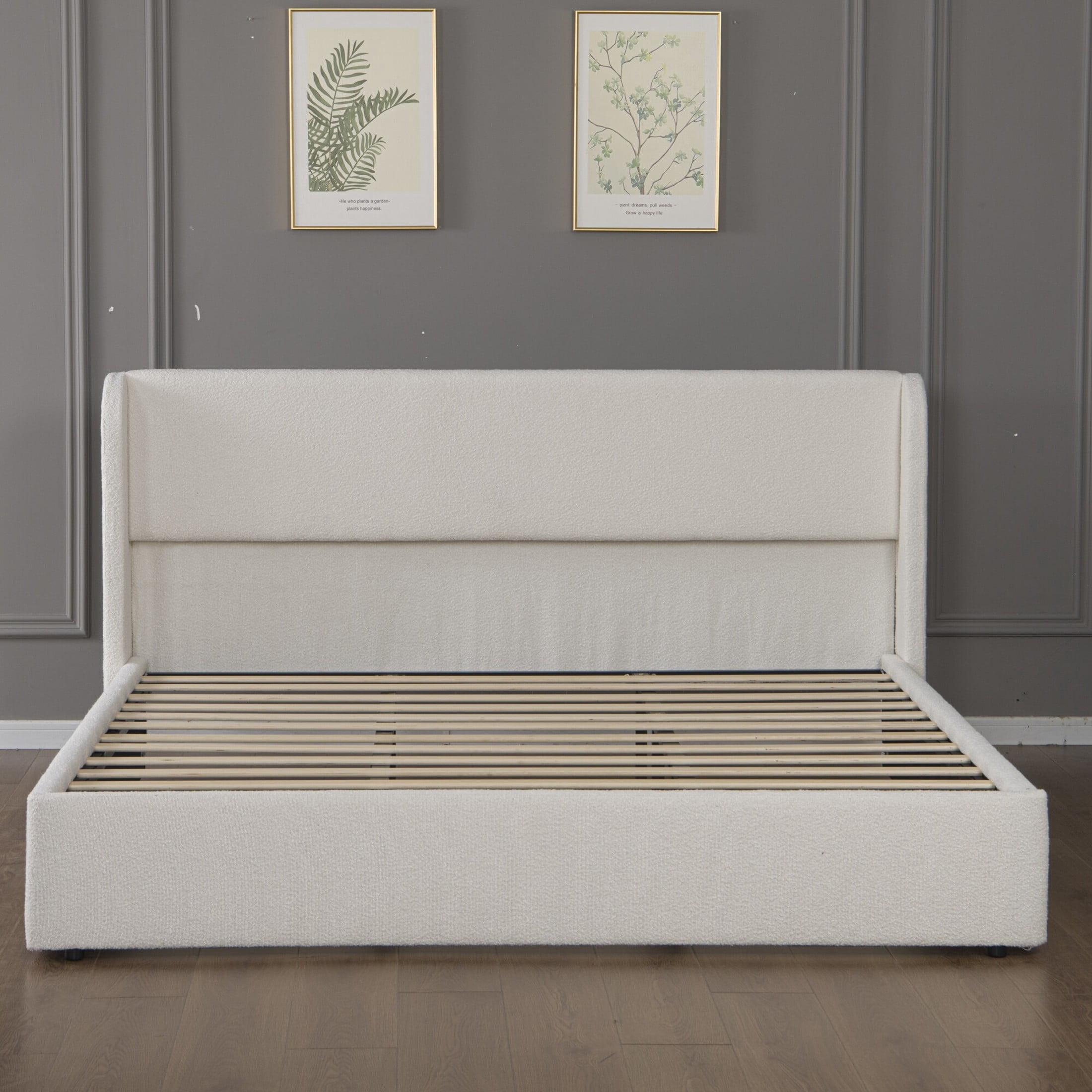 Noble House Marcus Queen Boucle Bed Frame with Wingback Headboard, Upholstered Cloud Bed with Metal Slats, White