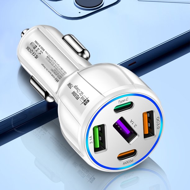 Cargador de coche de 5 puertos 75W USB 3.1A Tipo-C USB QC3.0 PD30W Cargador de teléfono (Blanco) WDOplteas Para estrenar