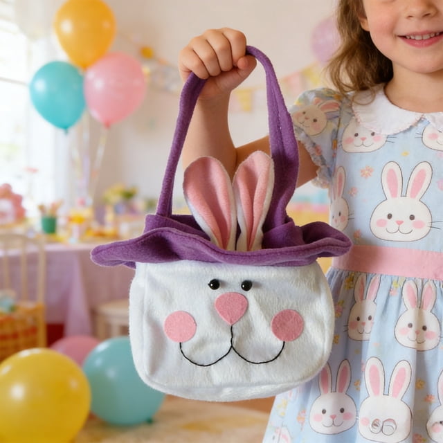 Bolsa de caramelos Conejo de Pascua 7,9 x 7,9 pulgadas – Diseño de cara de conejo de tela suave con orejas, asa larga – Cesta de búsqueda de huevos de Pascua, bolsa de regalo para fiestas, decoración