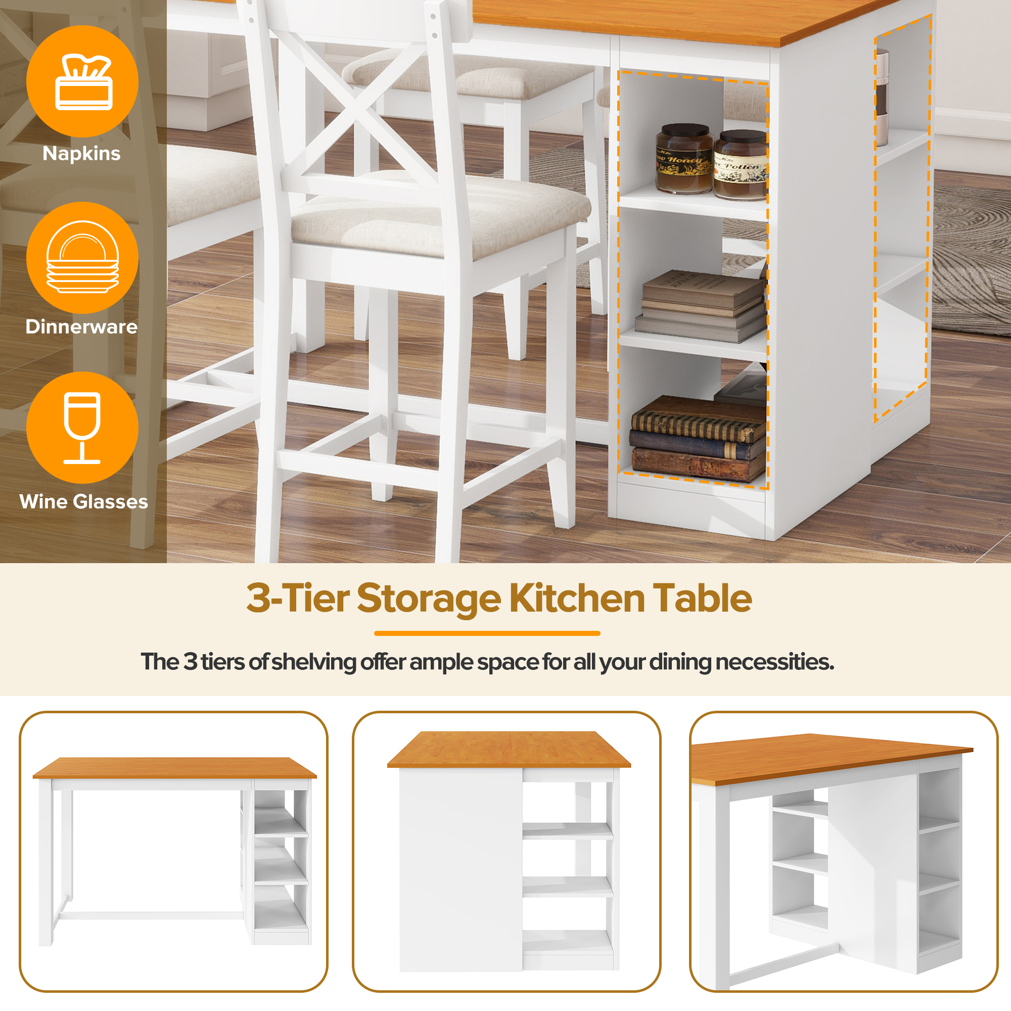 Euroco 5 Piece Counter Height Dining Table Set, Solid Wood Farmhouse Kitchen Table Set with Open Storage Shelves for 4,Peferct for Small Place,White