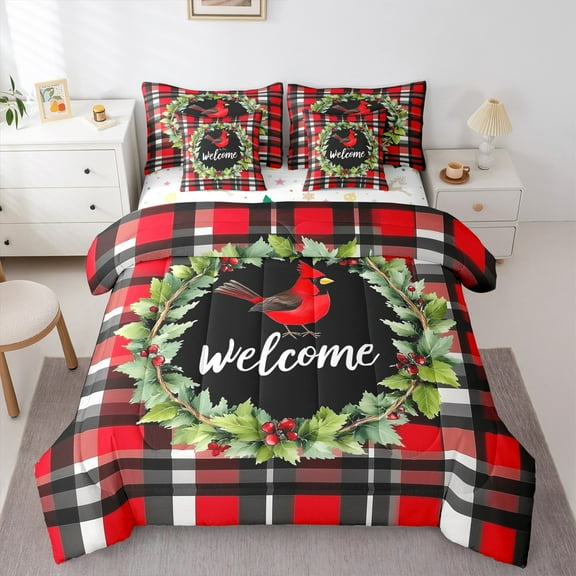 jejeloiu Merry Christmas Twin Bedding Sets 7-Piece,Cardinal Bird Bedding Comforter Set,Ren Geometric Plaid Sheet Sets,Luxury Bedroom Decor Reversible