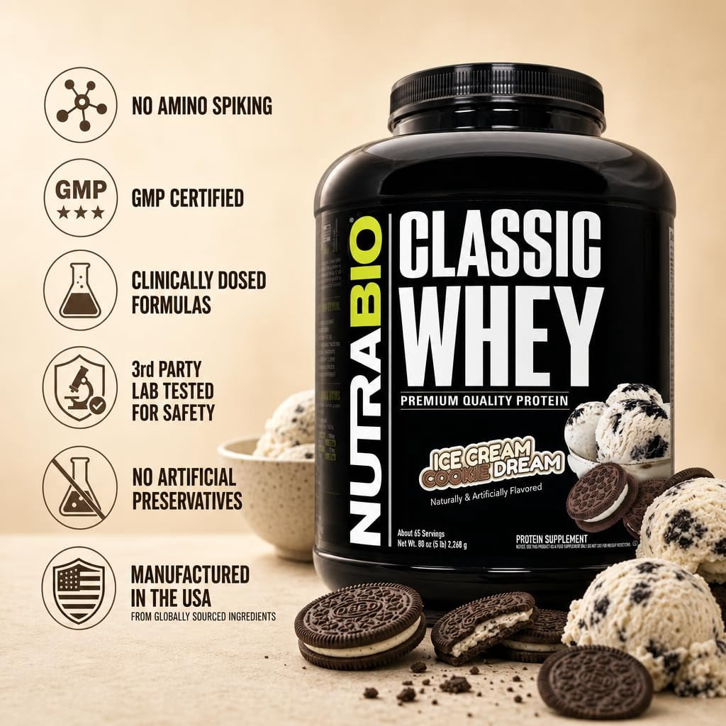 NutraBio Classic Whey Protein Powder- Full-Spectrum Amino Acid Profile - No Fillers, Artificial Colors, Preservatives - Low Glycemic Index - Ice Cream Cookie Dream, 5 Pounds