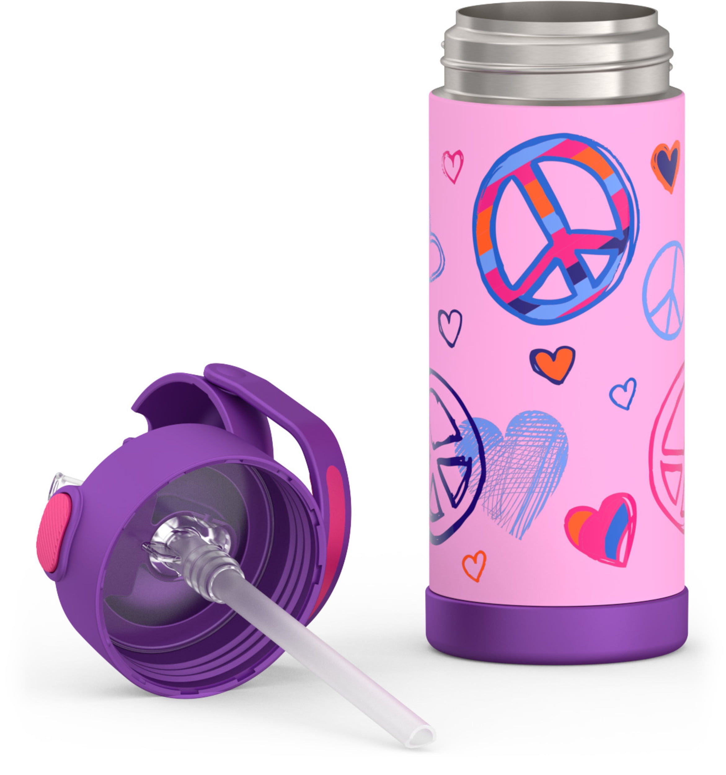 Thermos Kids Stainless Steel Funtainer Water Bottle with Straw, Dishwasher Safe, Leak Proof Peace, 14 oz