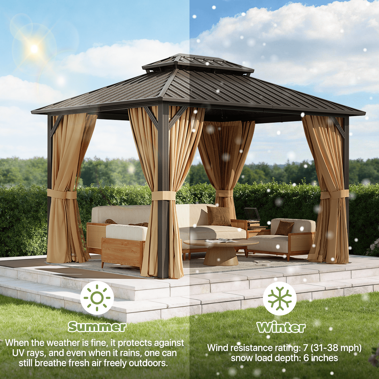 BaPiPro 12'x10' Hardtop Gazebo, Heavy Duty Galvanized Steel Double Roof, Permanent Outdoor Pavilion Metal Gazebo with Netting and Curtains, for Patio, Garden, Brown