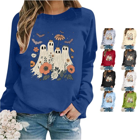 Halloween Sweatshirt for Women Hoodless Sweatshirt Oversize Long Sleeve Crewneck Lightweight Casual Fit for Comfort on Platform Blue S