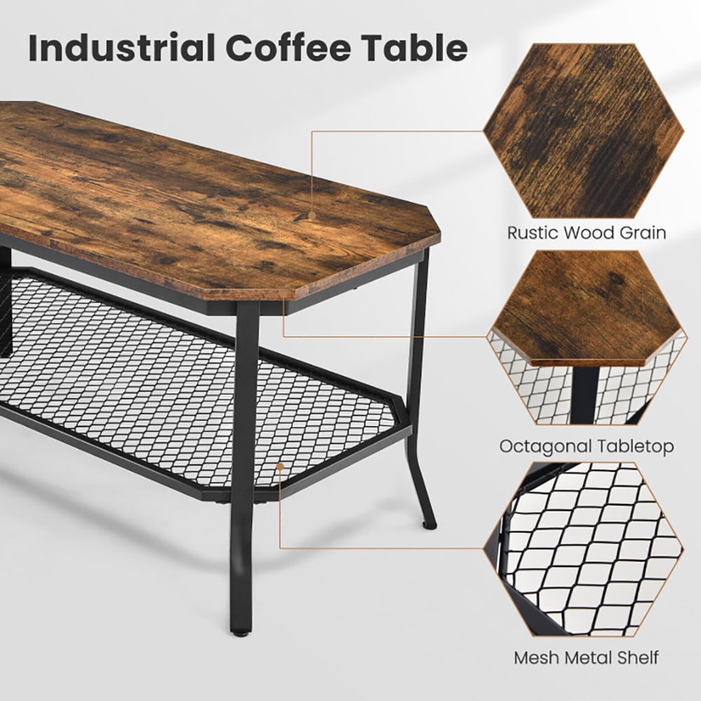 Finihen Rectangular Coffee Table, 2-Tier Cocktail Table, 2-Tier Industrial Coffee Table with Open Mesh Storage Shelf, for Living Room, Reception Room, Rustic Brown Finihen Rectangular Coffee Table, 2-Tier Cocktail Table, 2-Tier Industrial Coffee Table with Open Mesh Storage Shelf, for Living Room, Reception Room, Rustic Brown