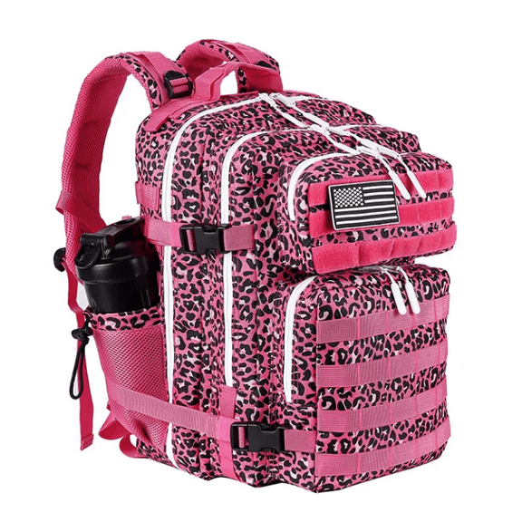 Military Tactical Gym Backpack W/Cup Holders Rosy Leopard - Shaker Bottle NOT INCLUDED