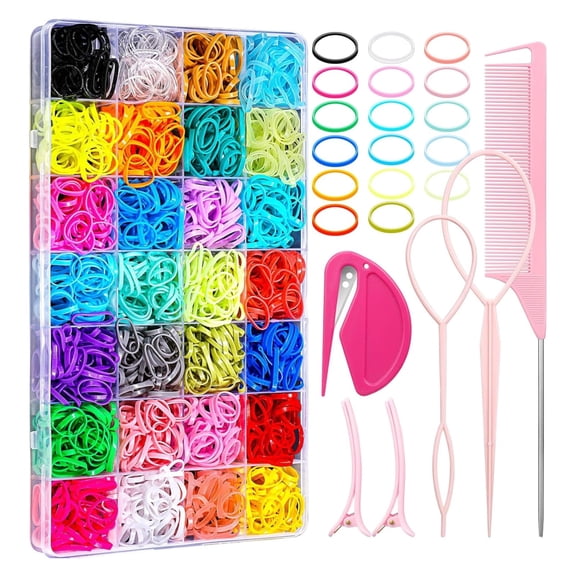 28 Colors Small Hair Rubber Bands with 6 Styling Tools, 1800 Pcs Elastic Girl Baby Hair Ties, Mini Bands with Elastic Cutter, Hair Accessories Xmas Stuff for Girls Baby Toddlers Kids