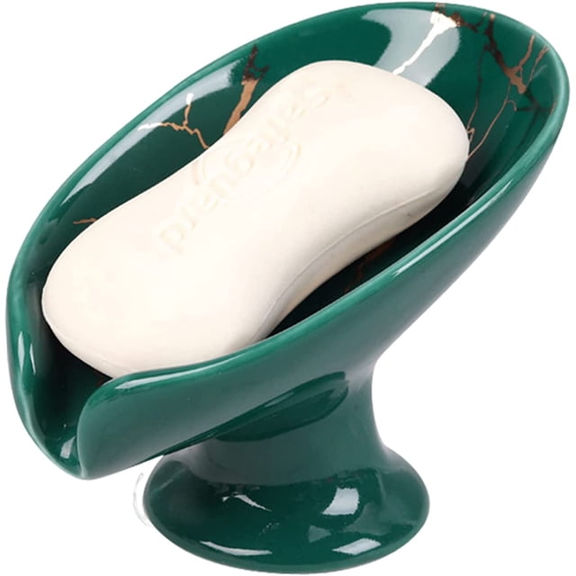 Jabonera de cerámica para baño, soporte para jabón de hojas para ducha, para guardar jabón de manos, barras de piedra pómez, esponjas y estropajos, color verde