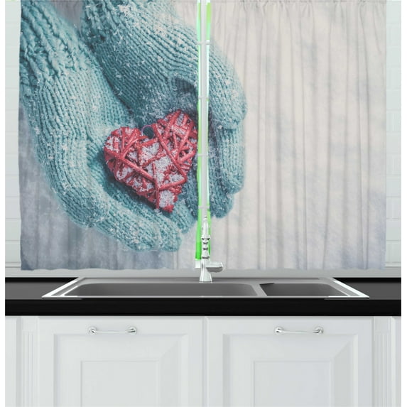 Winter Kitchen Curtains, Hands in Mittens Holding a Heart Snowy Times Picture Romance Themed Print, Two Panels Drapes with Rod Pocket Room Decor, 55" X 45", Ruby and Slate Blue, by Ambesonne