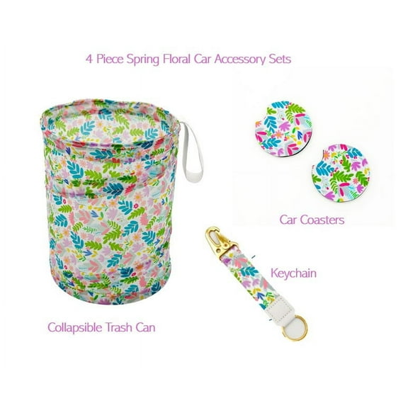 Women's Spring Floral Car Accessory Set with Keychain, Collapsible Trashcan, and Coasters