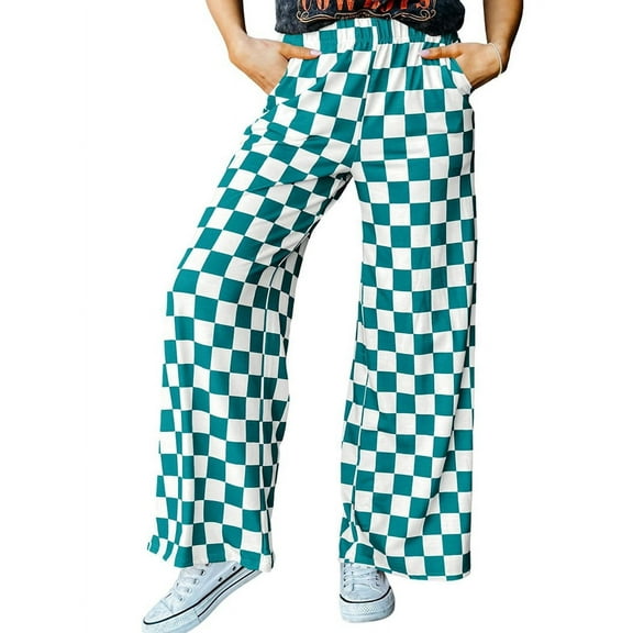 Women Casual Checkered Pants Elastic Waist Comfy Loose Wide Leg Pants with Pockets  Green XL