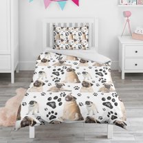 Pug and Footprints Duvet Cover and Pillowcase Set for Single Bedding, Bedroom Accessories for Kids Teens