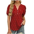 thumbnail image 2 of Summer Short Sleeve Henley Shirts For Women V-neck Plus Size Solid Color Polka Dot Loose Flowy Casual Tops T-shirt Red Color Size S Pullover Blouse, 2 of 6