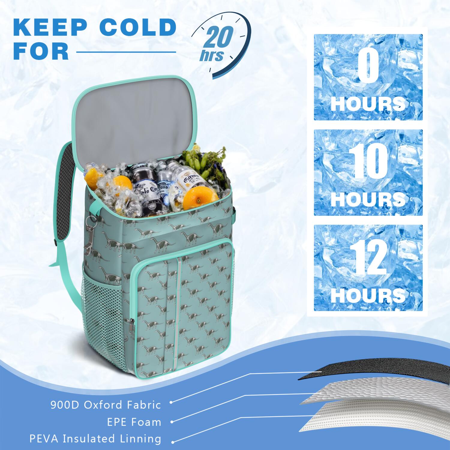 Travel Cooler Bag - LightBlue Cartoon Dinosaurs Skeletons Pattern Camping Beer Cooler Backpack with Bottle Opener- Waterproof Insulated Picnic Backpacks - Cooler Bag for Beach