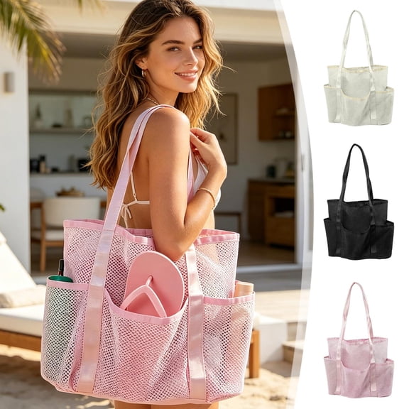 Hvmvliv Mesh Beach Bag with Multiple Pockets with Long Handle,Large-Capacity Breathable Storage Tote with Wide Opening for Towels Slippers,Size:11.81X11.02X5.51in Pink