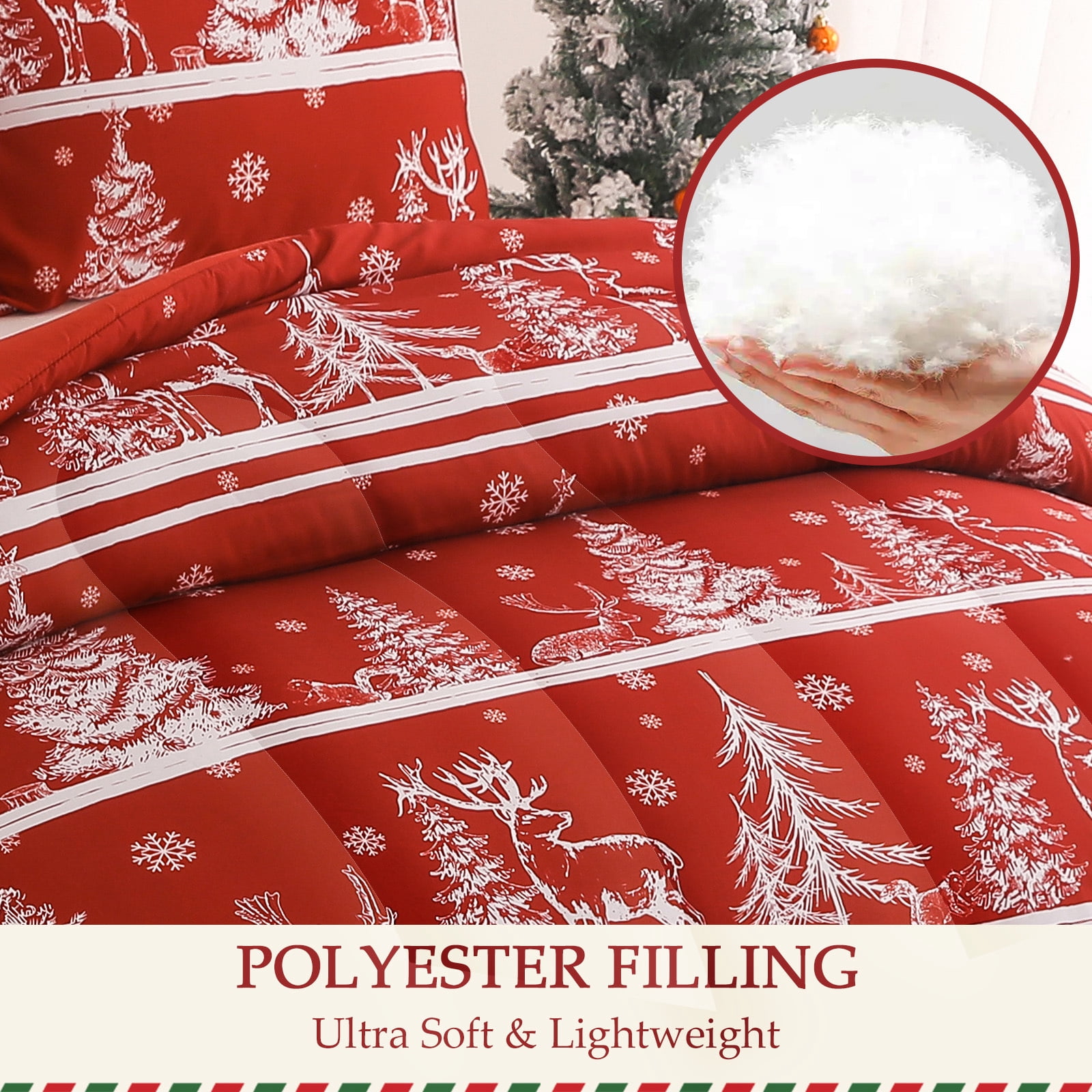 Exclusivo Mezcla Christmas Twin Size Comforter Set, 2 Pieces Reversible Rust Red Striped Down Alternative Comforter Sets, Printed Christmas Trees Snowflakes Pattern