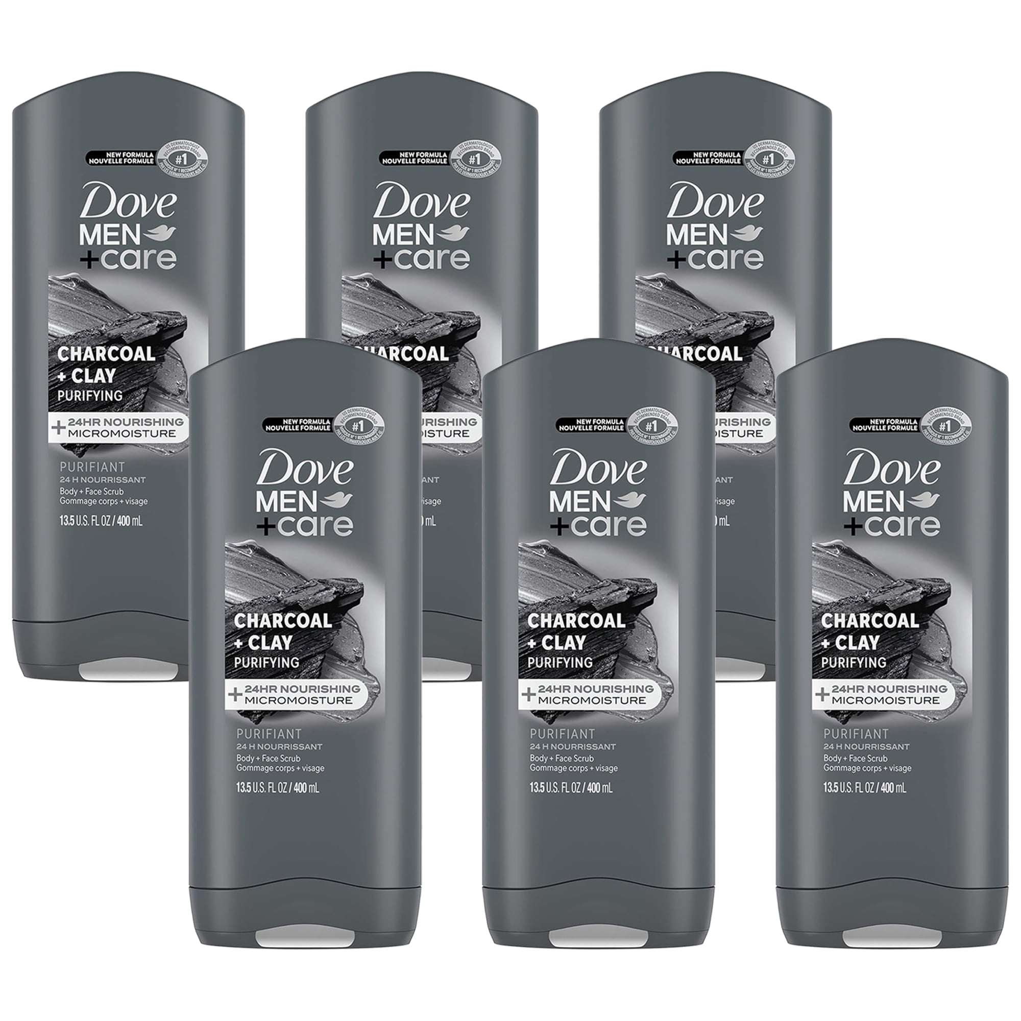 Pack of (6) DOVE MEN + CARE Purifying Charcoal + Clay Body and Face Wash with 24-Hour Nourishing Micromoisture Technology Body Wash for Men, 13.5 oz