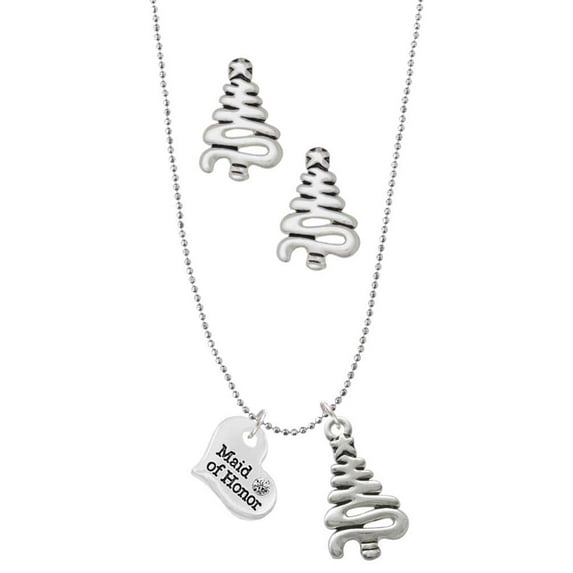 Delight Jewelry Silvertone Small Maid of Honor Heart Silver tone Zig Zag Christmas Tree Charm Necklace and Stud Earrings