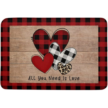 

Valentine s Day Indoor Door Mat Entryway Rug Anti-Skid Doormat Decorative Absorbent Washable Floor Mat for House Patio High Traffic Areas Decorch Love Heart Red Plaid Wooden Planks 24x16 Inch